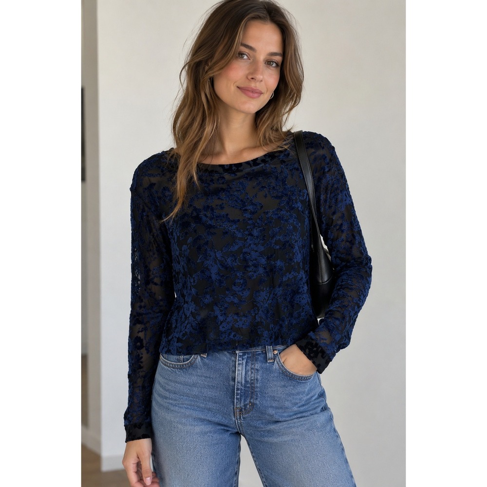 Agnes & Dora XL Blue Velvet Burnout Sheer Floral Top Whimsigoth Y2K Goth